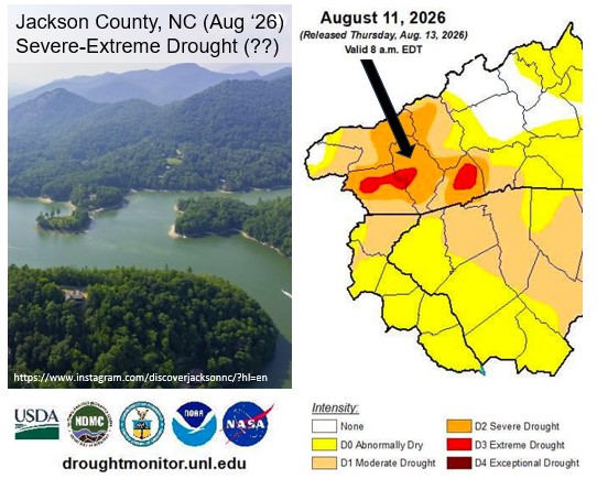 U.S. Drought Monitor map of western N.C. and picture of Jackson County, NC