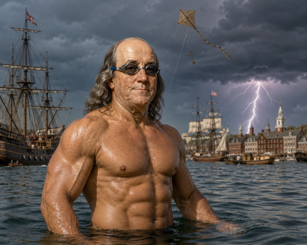 Ben Franklin swimming in colonial Boston Harbor (AI generated)