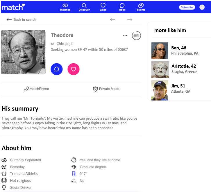 Fujita's fictional Match profile page