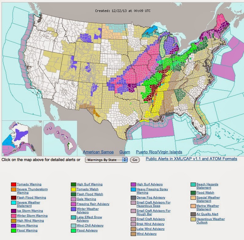 NWS national alert map for December 22, 2013