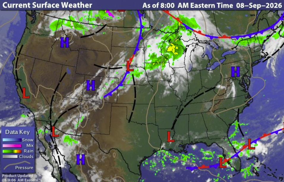 Surface weather map presented by the Weather Underground 